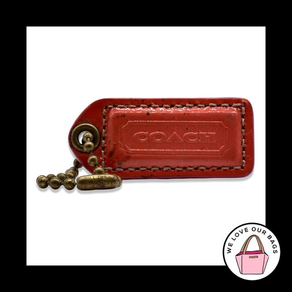 Y2K VINTAGE COACH Orange Leather Antique Brass Fob Bag Charm Keychain Hang Tag - Picture 1 of 2